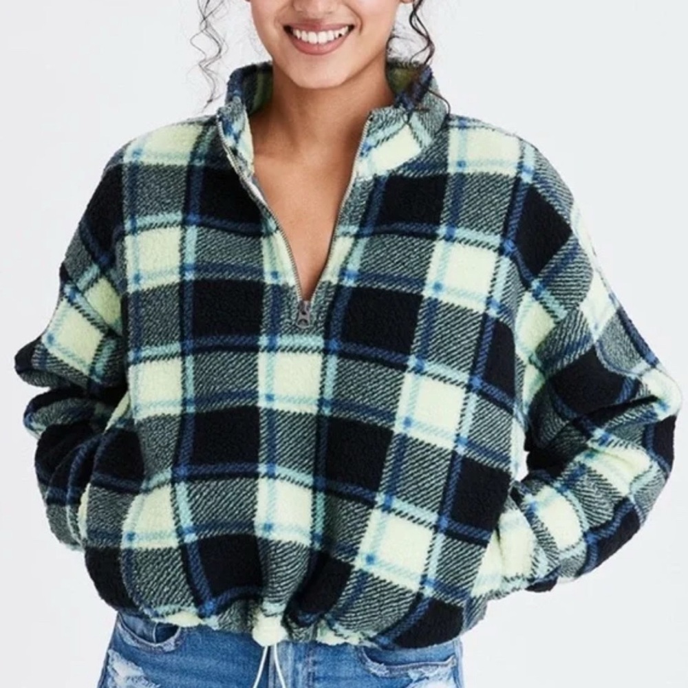 American Eagle Outfitters Plaid Half-Zip Sweater - Black and Cream